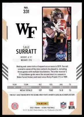 2021 Score Base Sage Surratt RC Wake Forest Demon Deacons 331 - Football Card Single