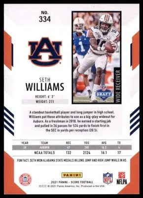 2021 Score Base Seth Williams RC Auburn Tigers 334 - Football Card Single