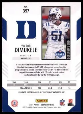 2021 Score Base Victor Dimukeje RC Duke Blue Devils 397 - Football Card Single