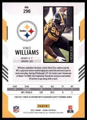 2021 Score Base Vince Williams Pittsburgh Steelers 296 - Football Card Single