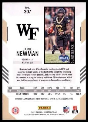 2021 Score Jamie Newman RC 307 Wake Forest Demon Deacons