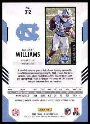 2021 Score Javonte Williams RC 312 North Carolina Tar Heels