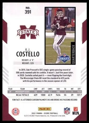 2021 Score K.J. Costello RC 391 Mississippi State Bulldogs