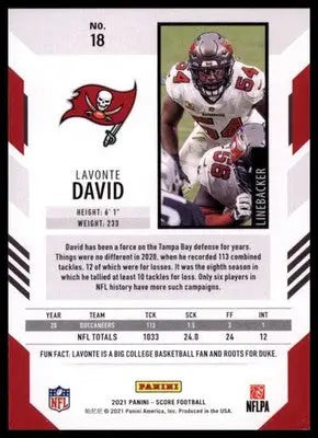 2021 Score Lavonte David 18 Tampa Bay Buccaneers