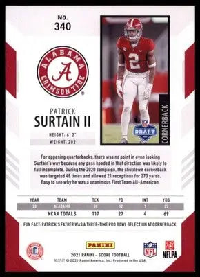 2021 Score Patrick Surtain II RC 340 Alabama Crimson Tide