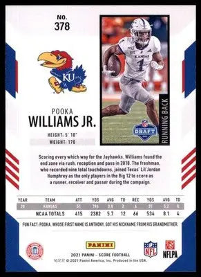 2021 Score Pooka Williams Jr. RC 378 Kansas Jayhawks