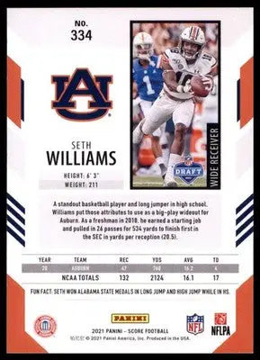 2021 Score Seth Williams RC 334 Auburn Tigers