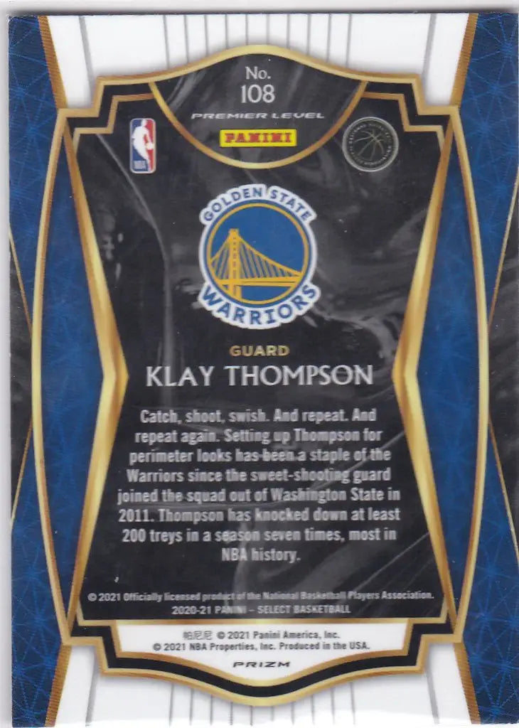 2021 Select #108 Klay Thompson Premier Level Blue Purple Prizm Golden State Warriors