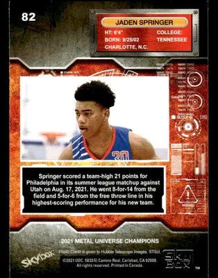 2021 SkyBox Metal Universe Champions #82 Jaden Springer Base LA Clippers - Basketball Card Single
