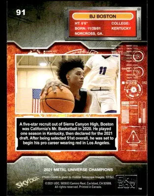 2021 SkyBox Metal Universe Champions #91 BJ Boston Copper Los Angeles Clippers - Basketball Card Single