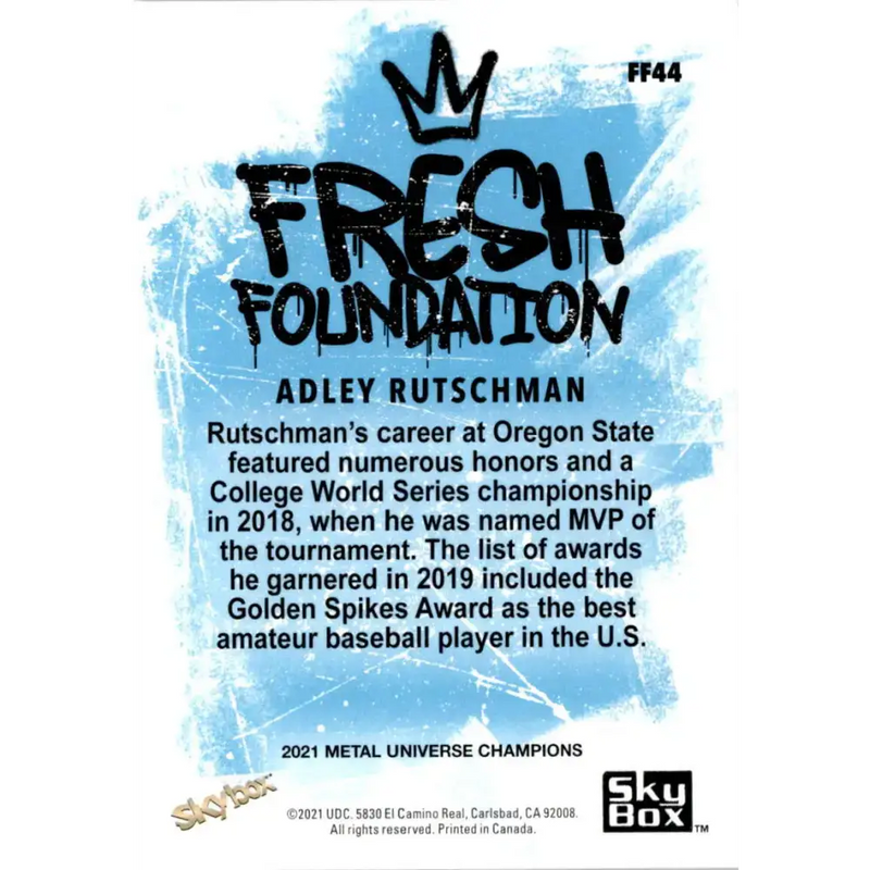 2021 Skybox Metal Universe Champions Fresh Foundation #FF44 Adley Rutschman NM-MT RC Rookie MultiSport Card - Baseball