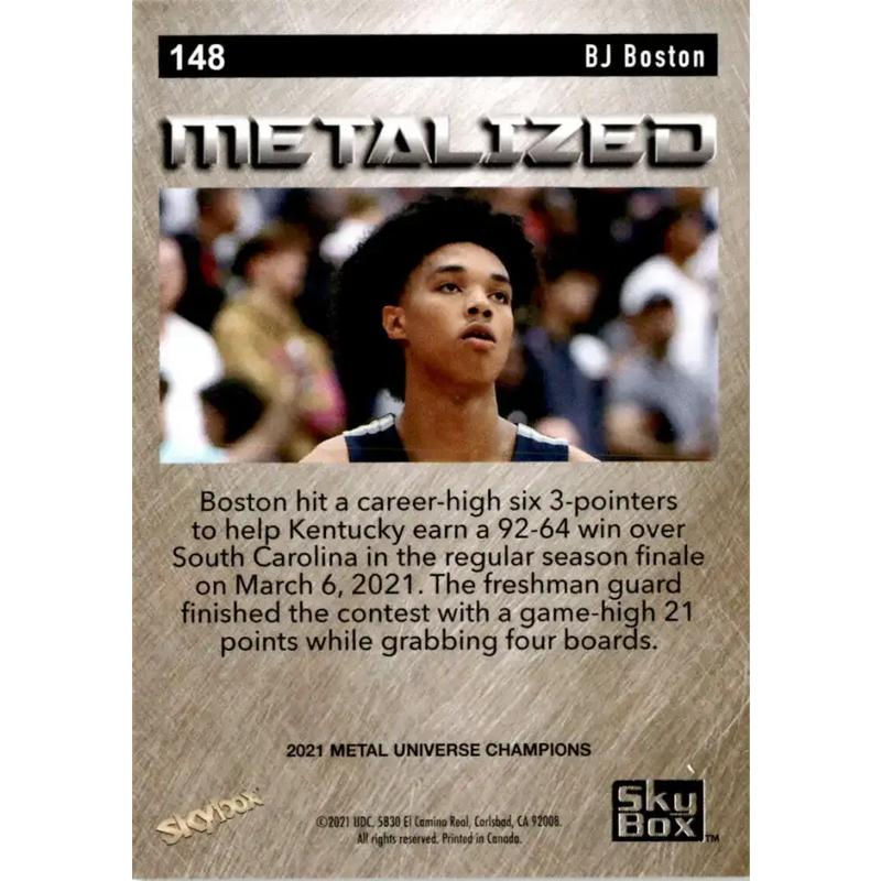 2021 Skybox Metal Universe Champions NM-MT #148 BJ Boston Metalized RC Basketball Card - Basketball Card Single