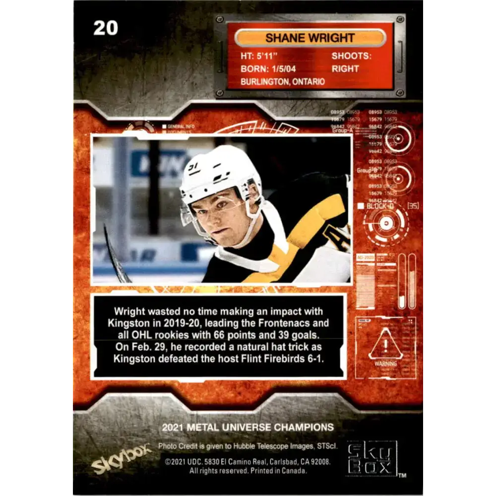 2021 Skybox Metal Universe Champions NM-MT #20 Shane Wright RC Hockey Card - Hockey Card Single