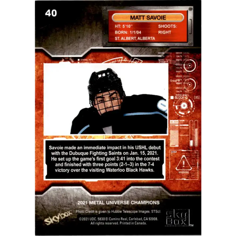 2021 Skybox Metal Universe Champions NM-MT #40 Matt Savoie RC Hockey Card - Hockey Card Single
