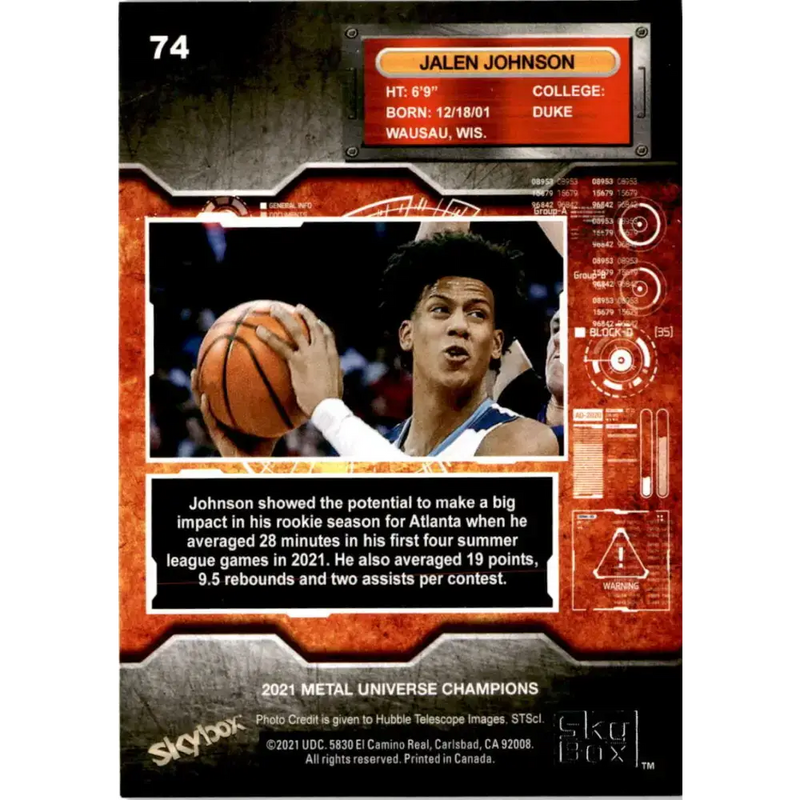 2021 Skybox Metal Universe Champions NM-MT #74 Jalen Johnson RC Basketball Card - Basketball Card Single