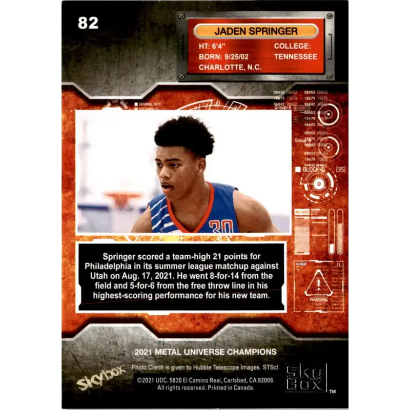 2021 Skybox Metal Universe Champions NM-MT #82 Jaden Springer RC Basketball Card - Basketball Card Single