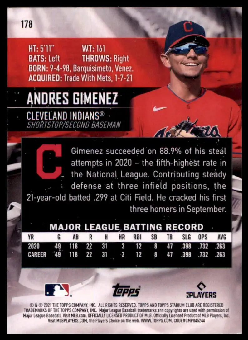 2021 Stadium Club Andres Gimenez RC 178 Cleveland Indians Baseball NM - Baseball Card Single