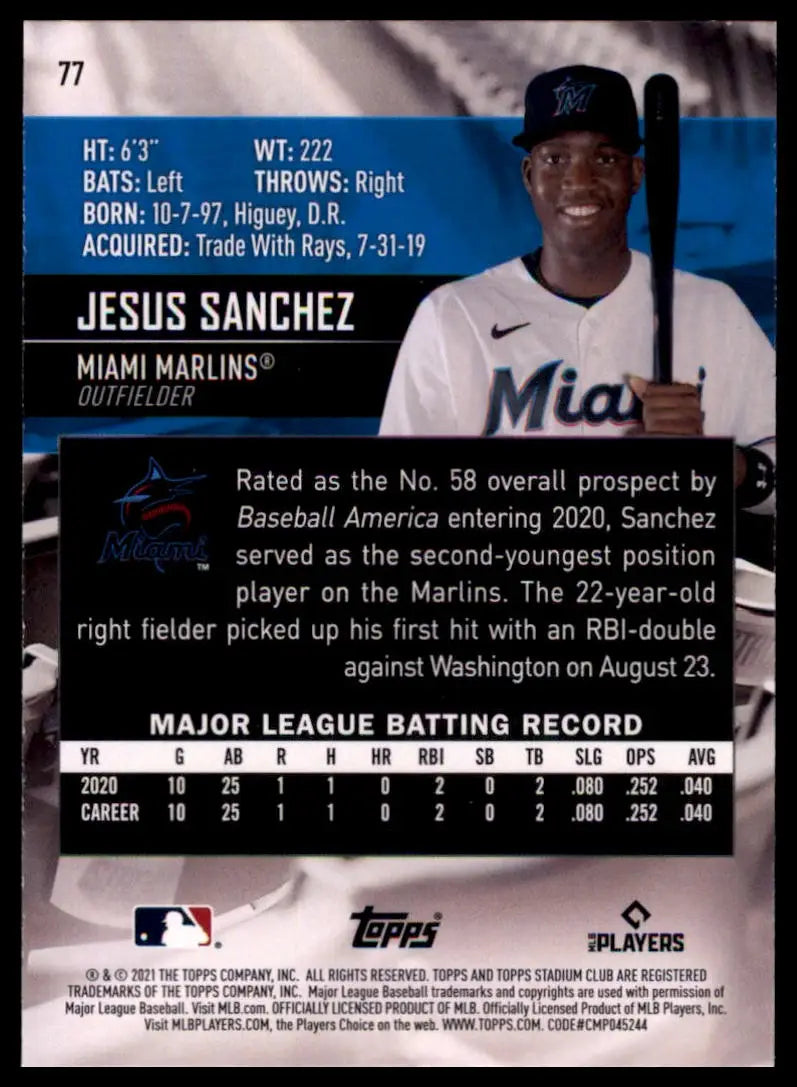 2021 Stadium Club Jesus Sanchez RC 77 Miami Marlins Baseball NM - Baseball Card Single