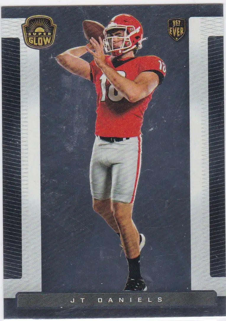 Football player in red jersey throwing a pass for Super Glow JT Daniels RF Georgia trading card