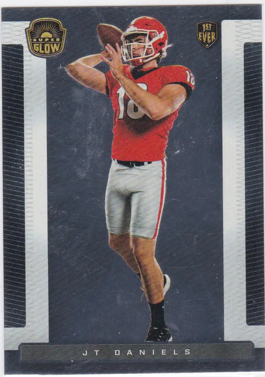 Football player in red jersey throwing a pass for Super Glow JT Daniels RF Georgia trading card