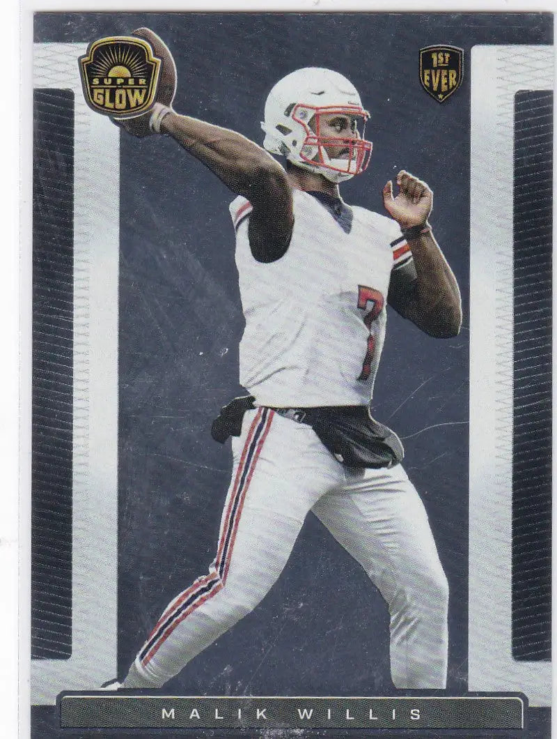 Football trading card of Malik Willis in white uniform for 2021 Super Glow collection