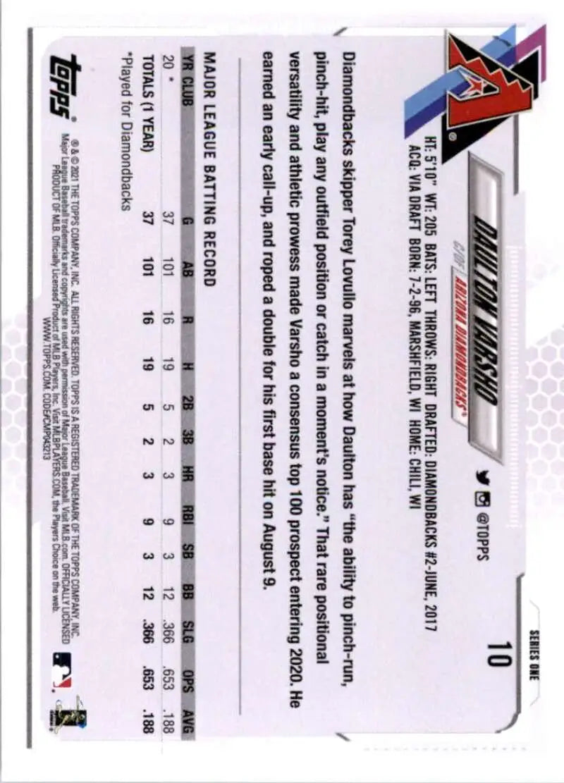 2021 Topps #10 Daulton Varsho NM-MT RC Rookie Arizona Diamondbacks Baseball Card - Baseball Card Single