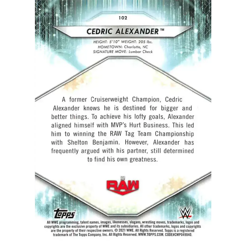 2021 Topps #102 Cedric Alexander NM-MT Wrestling Card - Wrestling Card Single