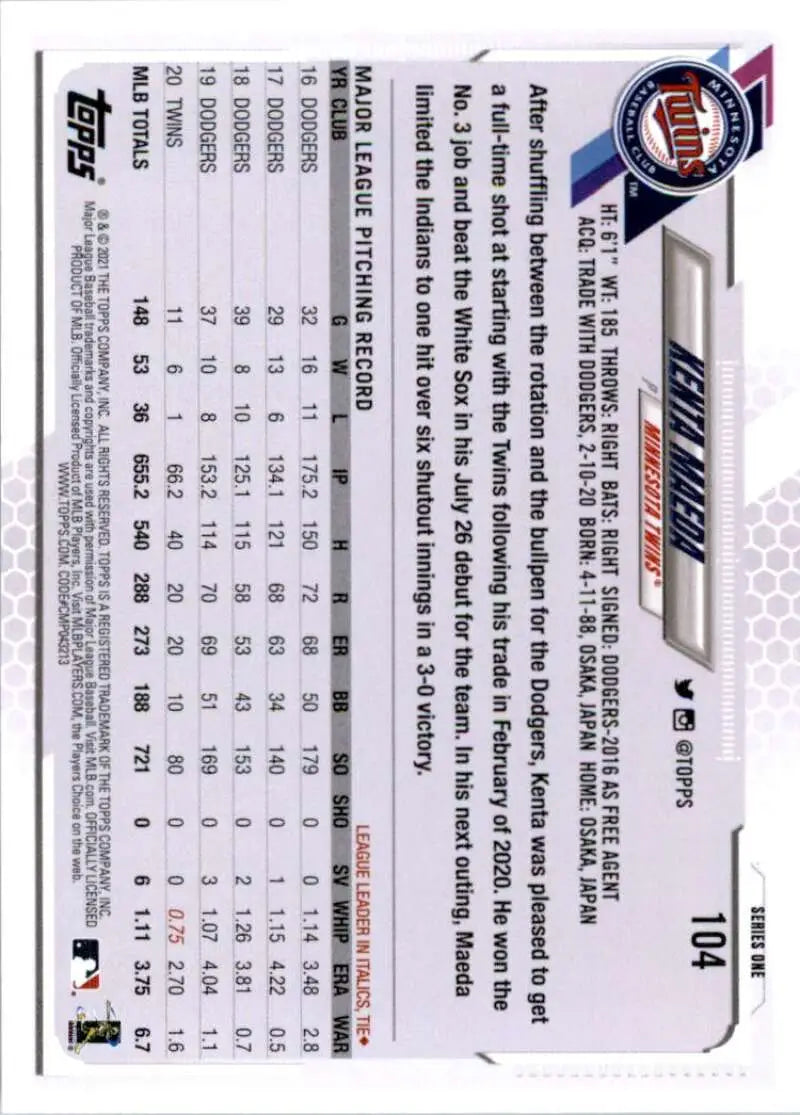 2021 Topps #104 Kenta Maeda NM-MT Minnesota Twins Baseball Card - Baseball Card Single