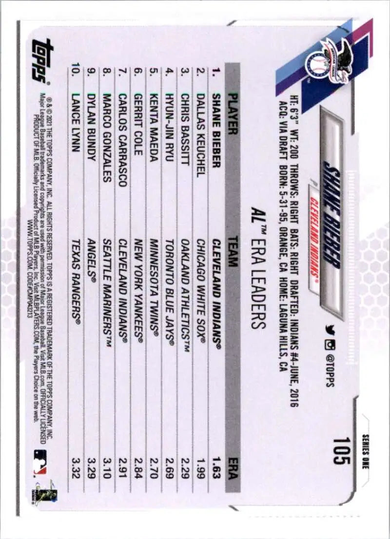 2021 Topps #105 Shane Bieber NM-MT Cleveland Indians Baseball Card - Baseball Card Single