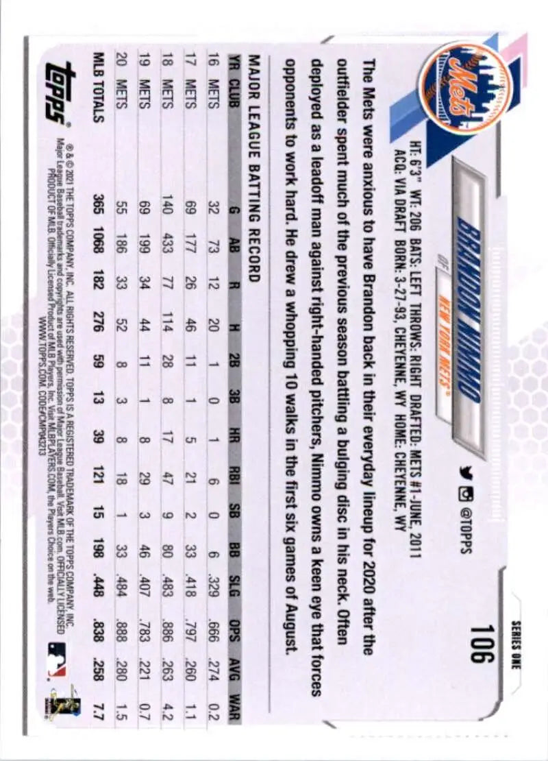 2021 Topps #106 Brandon Nimmo NM-MT New York Mets Baseball Card - Baseball Card Single