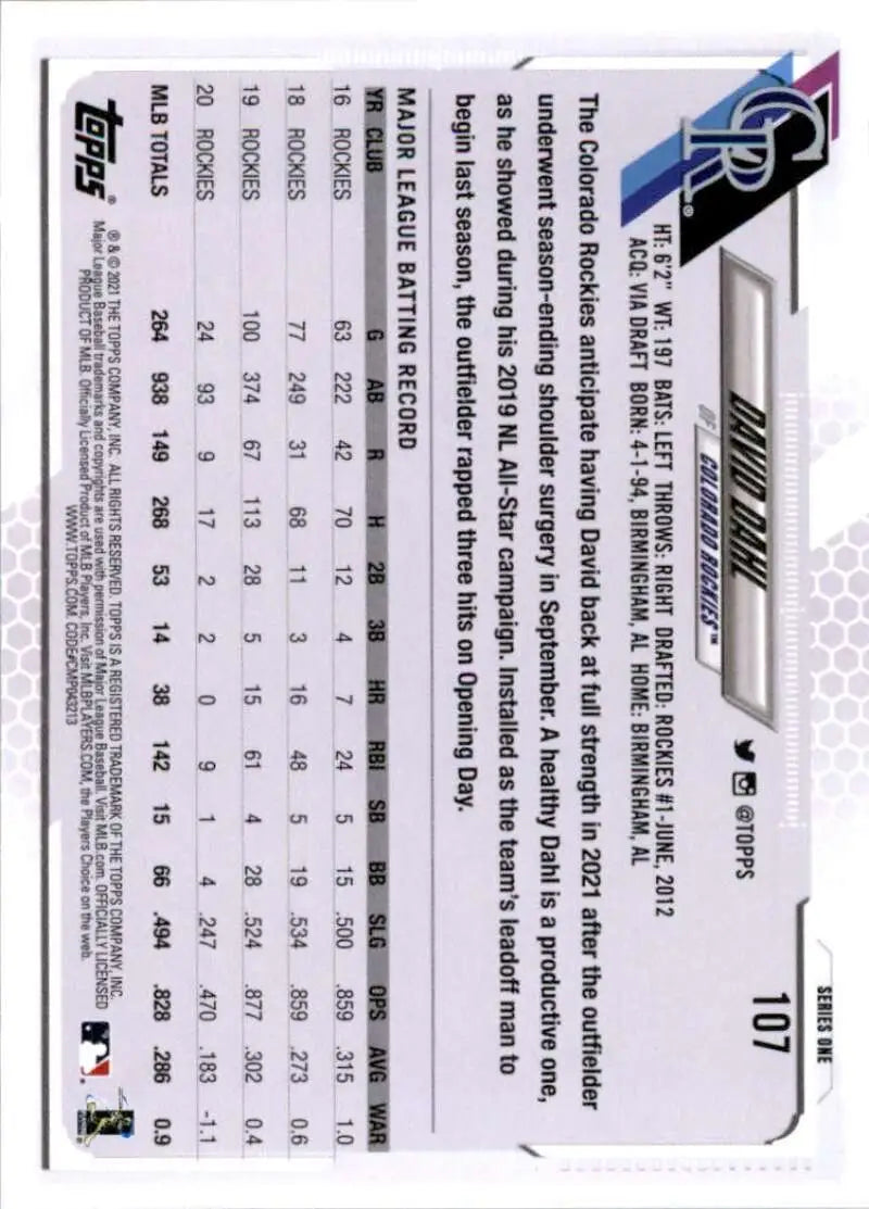 2021 Topps #107 David Dahl NM-MT Colorado Rockies Baseball Card - Baseball Card Single