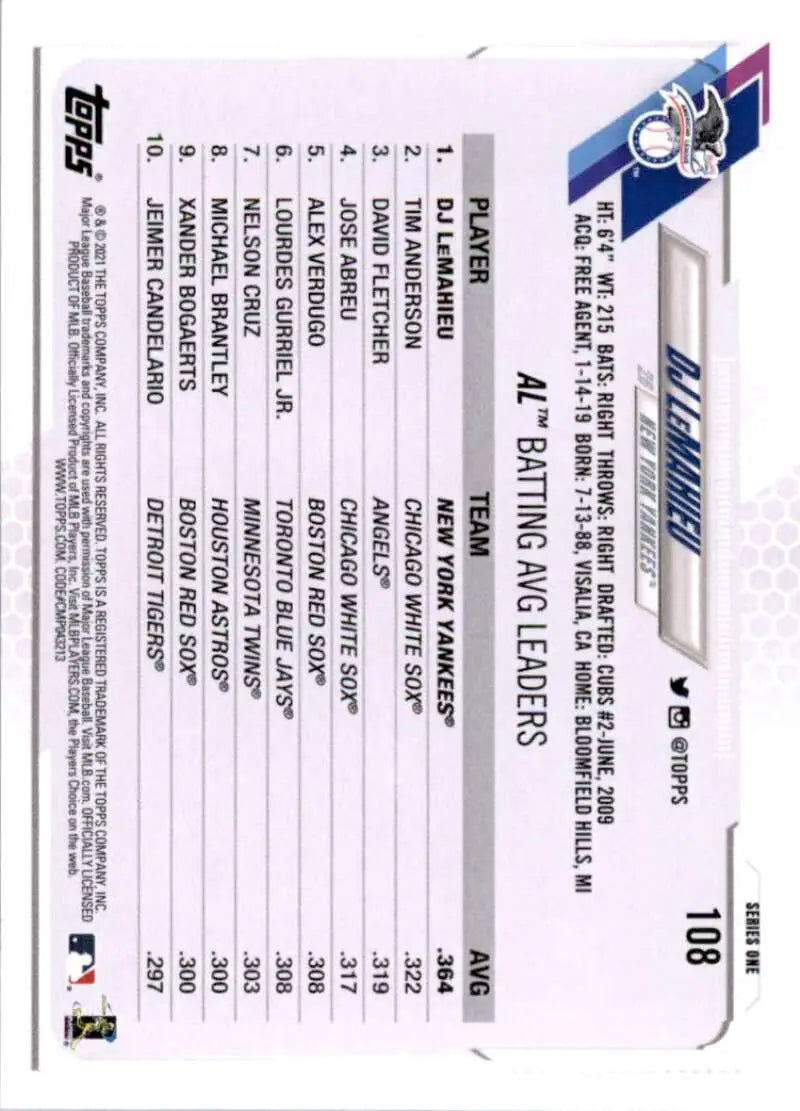 2021 Topps #108 DJ LeMahieu NM-MT New York Yankees Baseball Card - Baseball Card Single