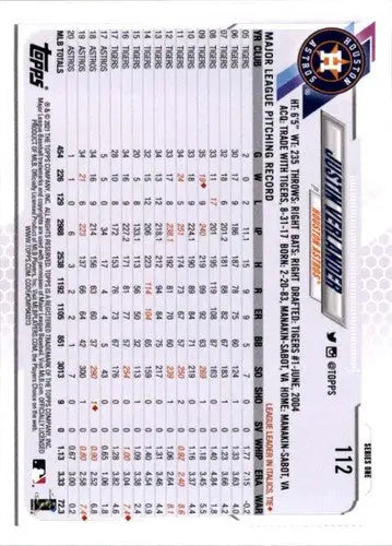 2021 Topps #112 Justin Verlander NM-MT Astros ID:34235 - Baseball Card Single