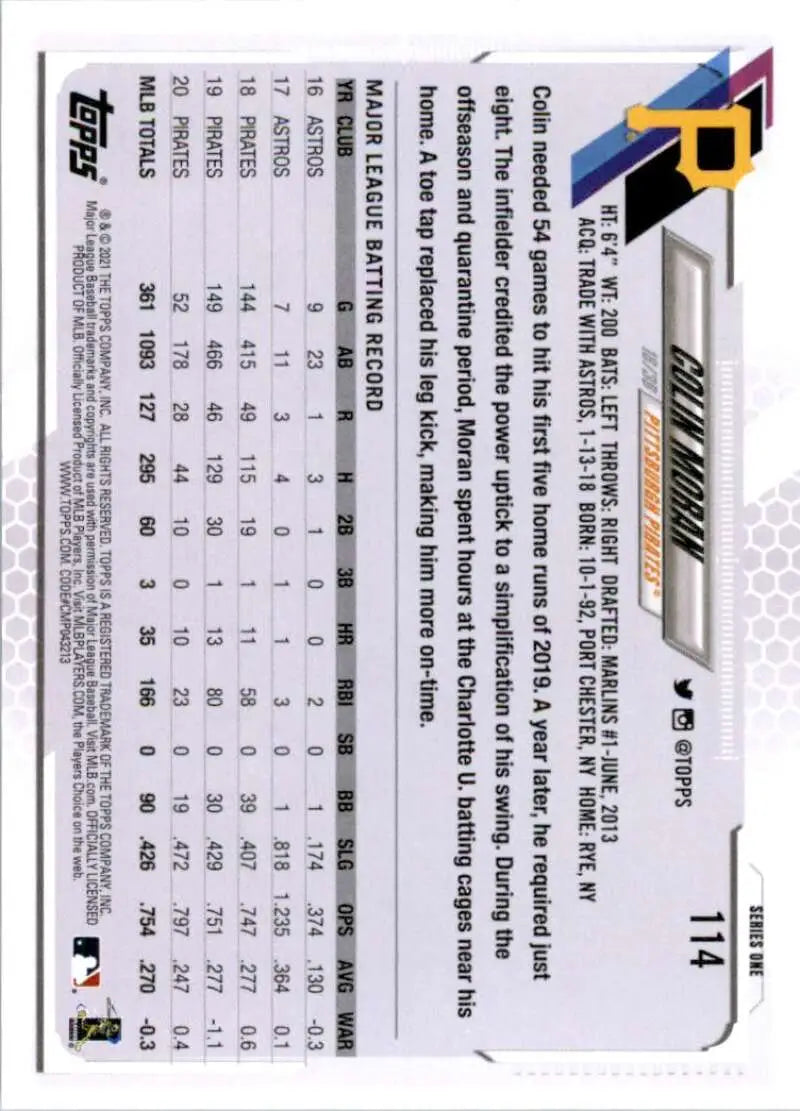 2021 Topps #114 Colin Moran NM-MT Pittsburgh Pirates Baseball Card - Baseball Card Single
