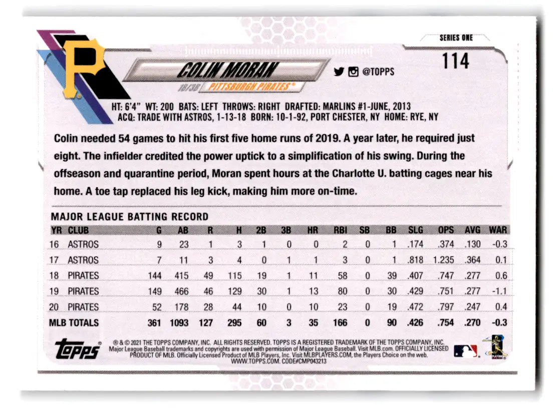 2021 Topps - #114 Colin Moran Pirates - Baseball Card Single