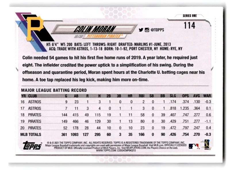 2021 Topps - #114 Colin Moran Pirates - Baseball Card Single
