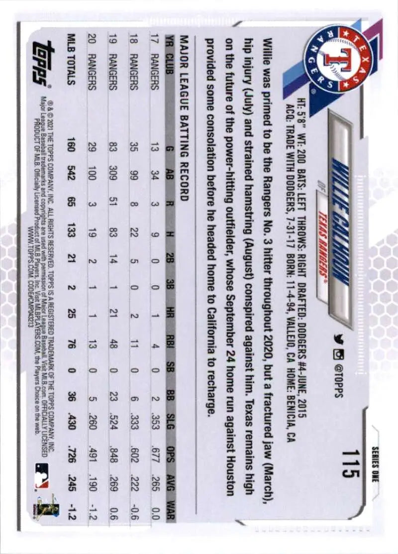 2021 Topps #115 Willie Calhoun NM-MT Texas Rangers Baseball Card - Baseball Card Single