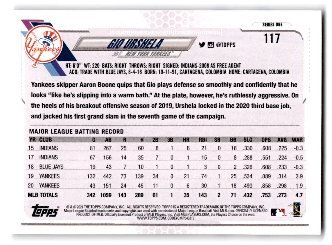 2021 Topps - #117 Gio Urshela New York Yankees - Baseball Card Single