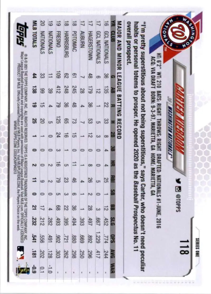 2021 Topps #118 Carter Kieboom NM-MT Washington Nationals Baseball Card - Baseball Card Single