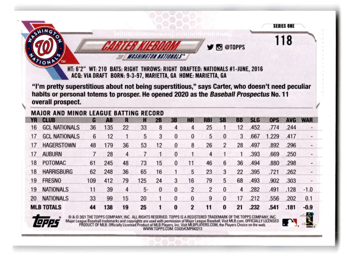 2021 Topps - #118 Carter Kieboom Washington Nationals - Baseball Card Single