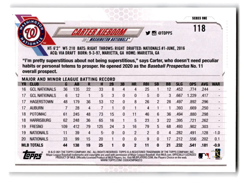 2021 Topps - #118 Carter Kieboom Washington Nationals - Baseball Card Single