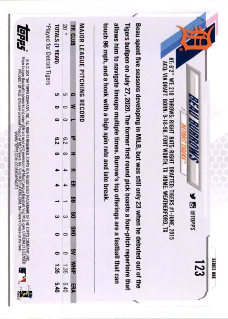 2021 Topps #123 Beau Burrows NM-MT RC Rookie Detroit Tigers Baseball Card - Baseball Card Single
