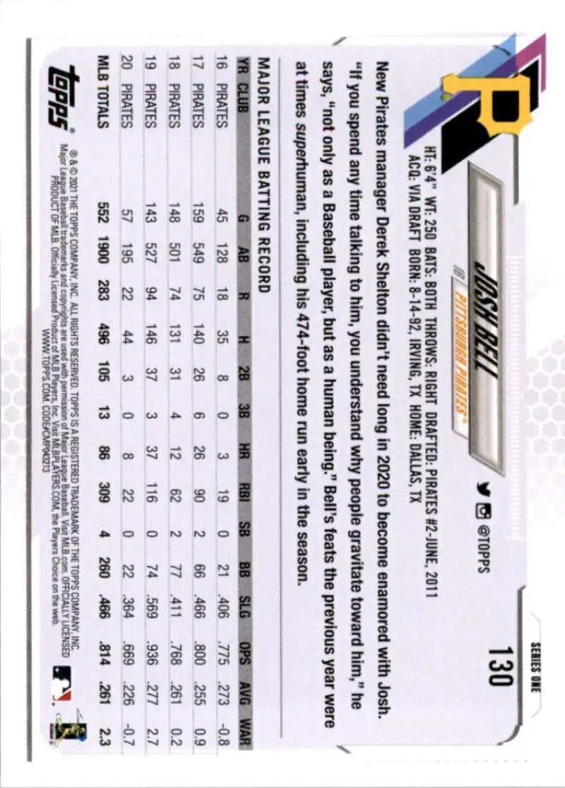 2021 Topps #130 Josh Bell NM-MT Pittsburgh Pirates Baseball Card - Baseball Card Single