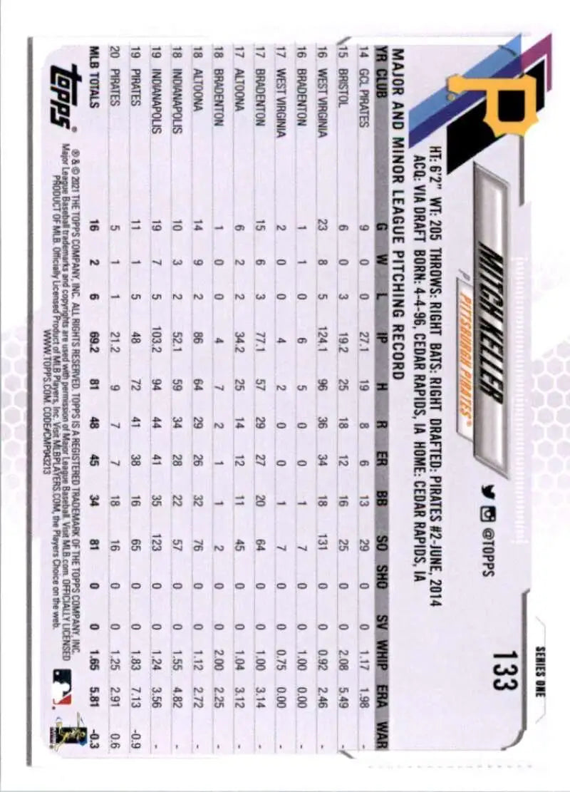 2021 Topps #133 Mitch Keller NM-MT Pittsburgh Pirates Baseball Card - Baseball Card Single