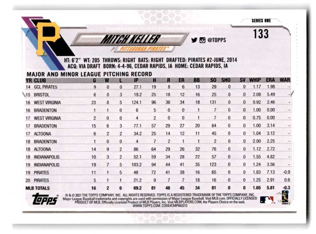 2021 Topps - #133 Mitch Keller Pirates - Baseball Card Single