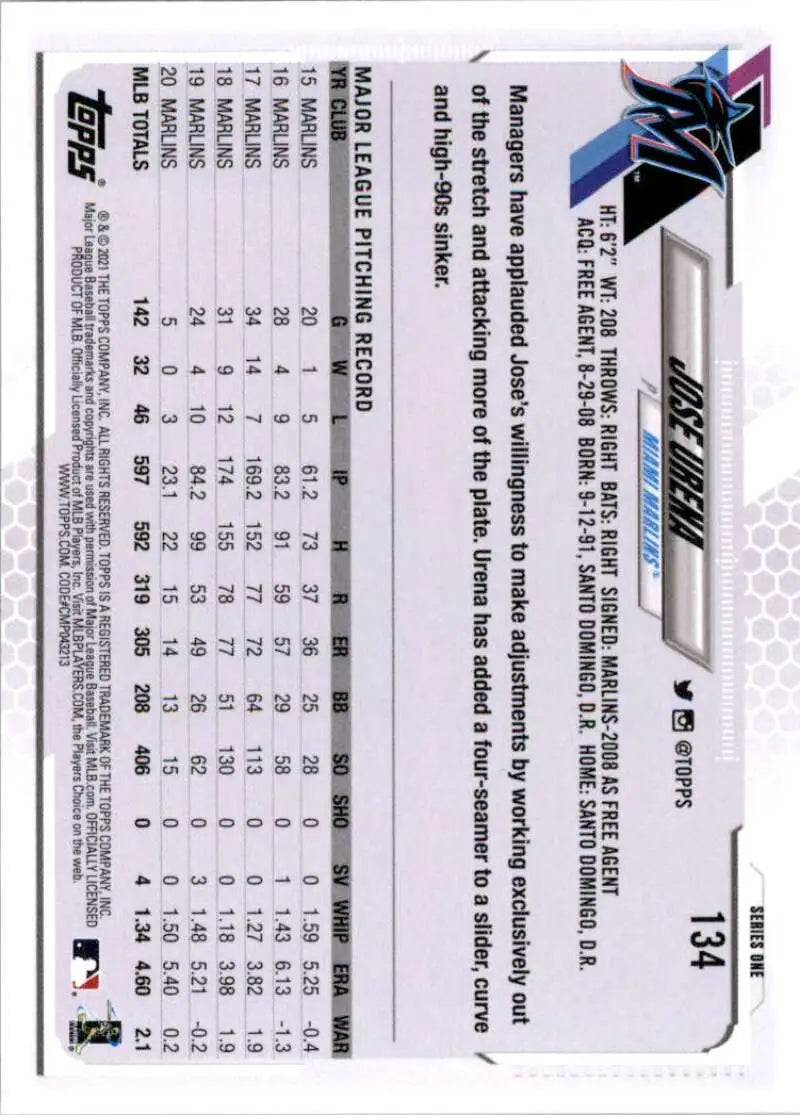 2021 Topps #134 Jose Urena NM-MT Miami Marlins Baseball Card - Baseball Card Single