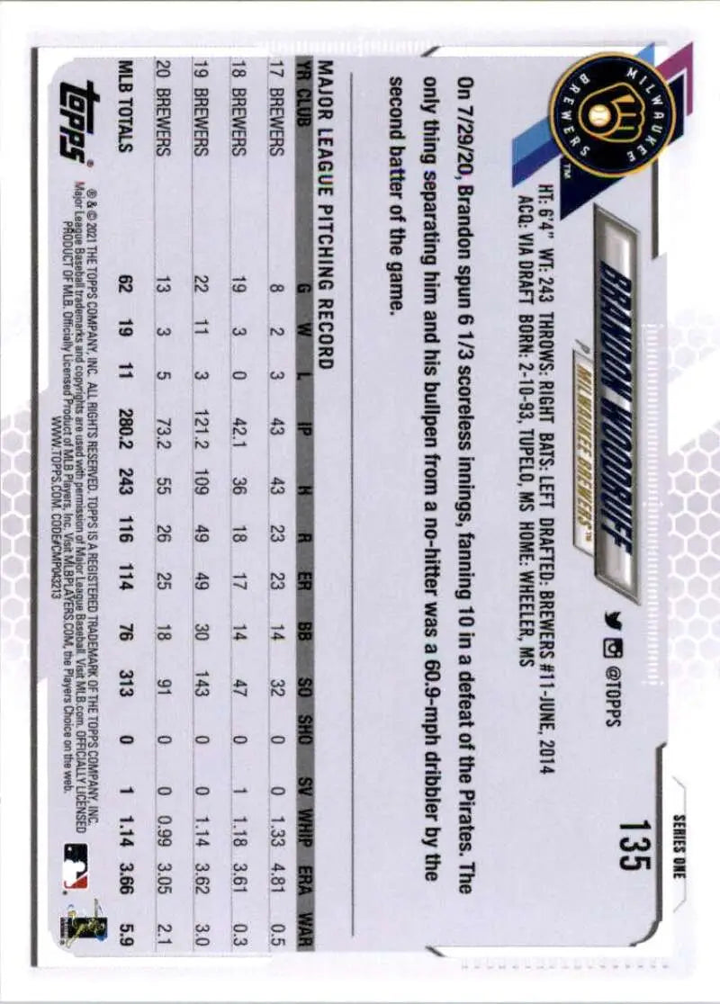 2021 Topps #135 Brandon Woodruff NM-MT Milwaukee Brewers Baseball Card - Baseball Card Single