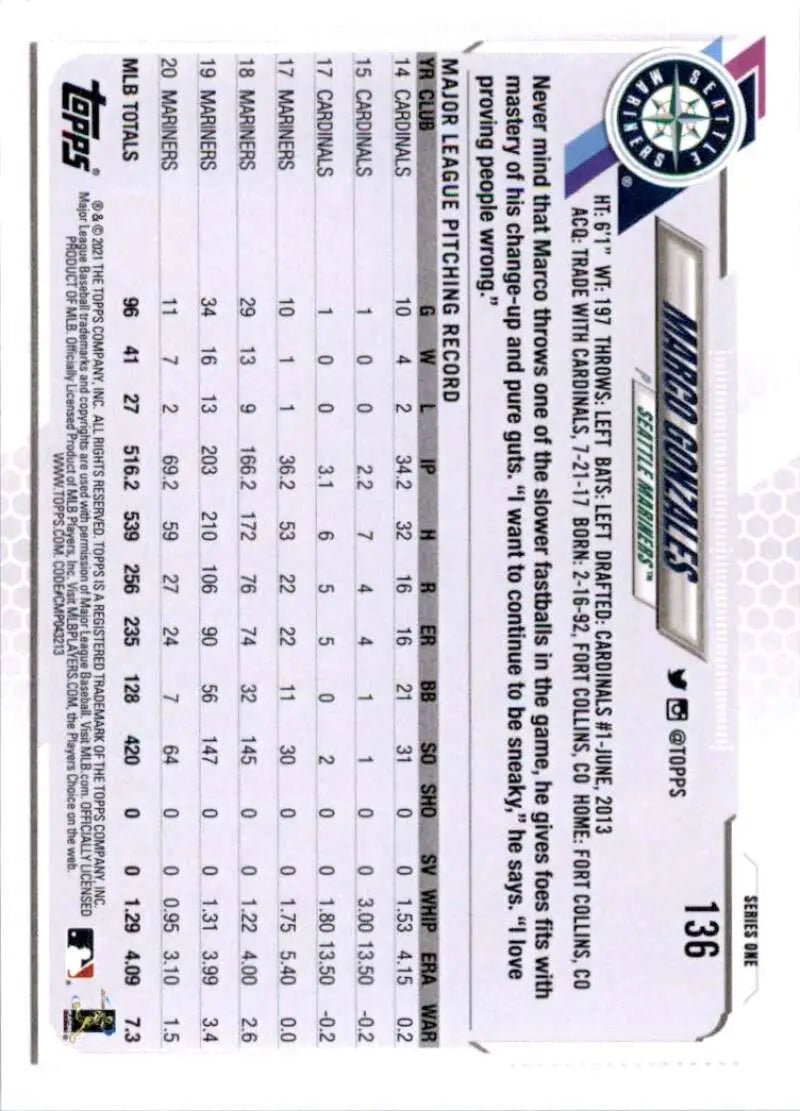 2021 Topps #136 Marco Gonzales NM-MT Seattle Mariners Baseball Card - Baseball Card Single