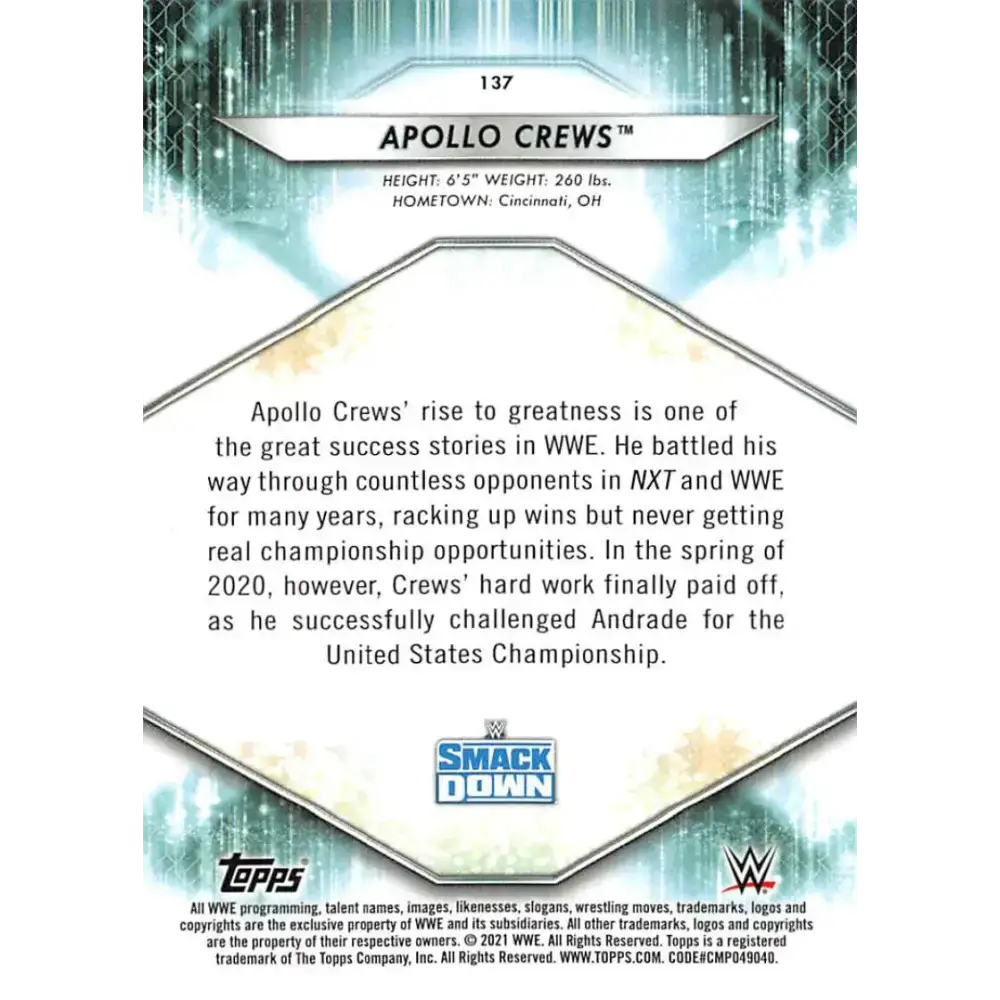 2021 Topps #137 Apollo Crews NM-MT Wrestling Card - Wrestling Card Single