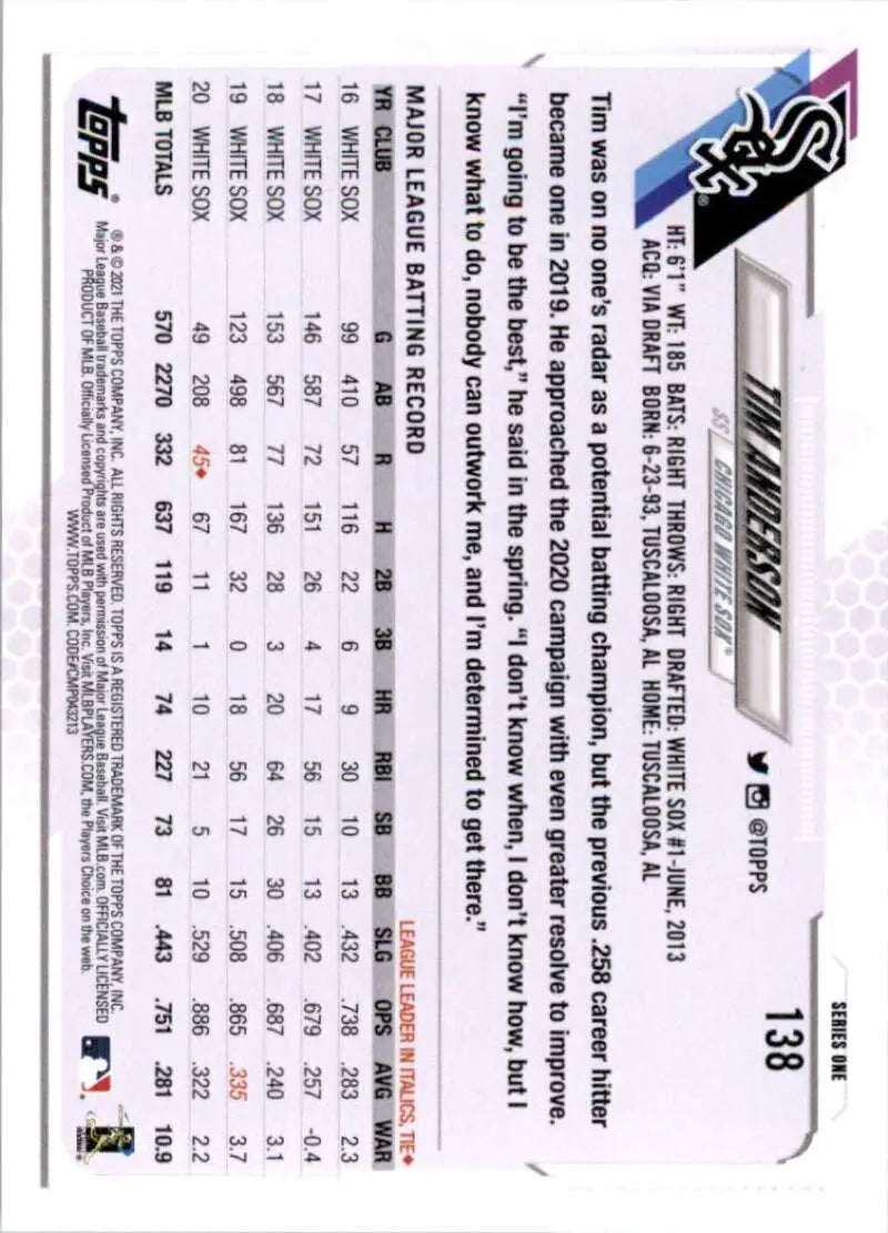2021 Topps #138 Tim Anderson NM-MT Chicago White Sox Baseball Card - Baseball Card Single